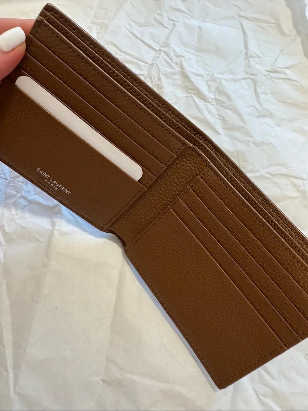 NEW Saint Laurent YSL Men’s Brown Grained Leather East West Bifold Wallet